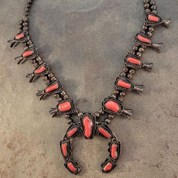 Vintage Navajo 1960's Red Coral Squash Blossom Necklace - Picture 1 of 11
